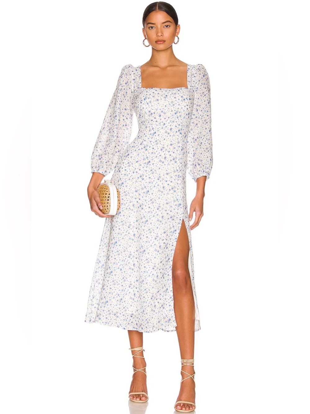 ASTR The Label Audette Blue White Ditsy Floral Linen Blend Midi Dress XS
